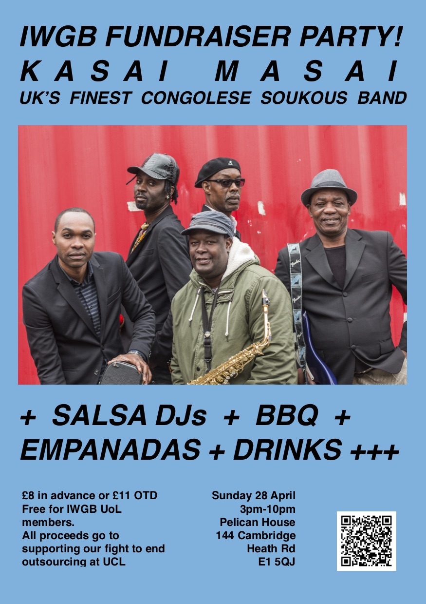 Poster for an event featuring Kasai Masai, a Congolese soukous band. Five band members pose with instruments. Text details a fundraiser on April 28th at Pelican House, including salsa DJs, BBQ, empanadas, and drinks. Entry fees and address are provided.