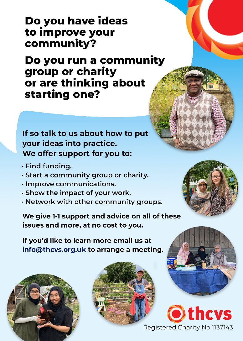A poster promoting THCVS services. It offers support to community groups and charities for funding, communication, and networking. Features diverse people in circles, with a red and white THCVS logo and contact info at the bottom.